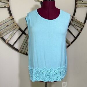 Bit & Bridle Sleeveless Blue Lace Hem Top